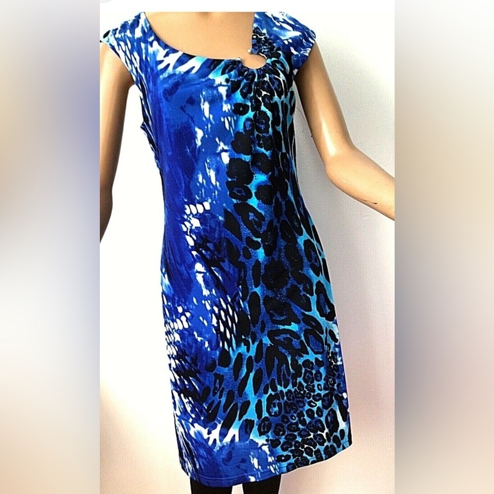 JOSEPH RIBKOFF blue CHARMED STRETCHED ANIMAL PRINT designer DRESS 18 large